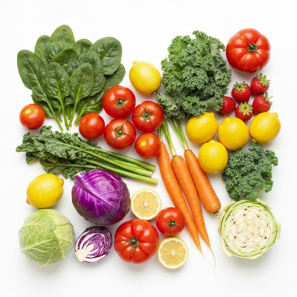 Colorful natural ingredients arranged simply, representing food variety and balance